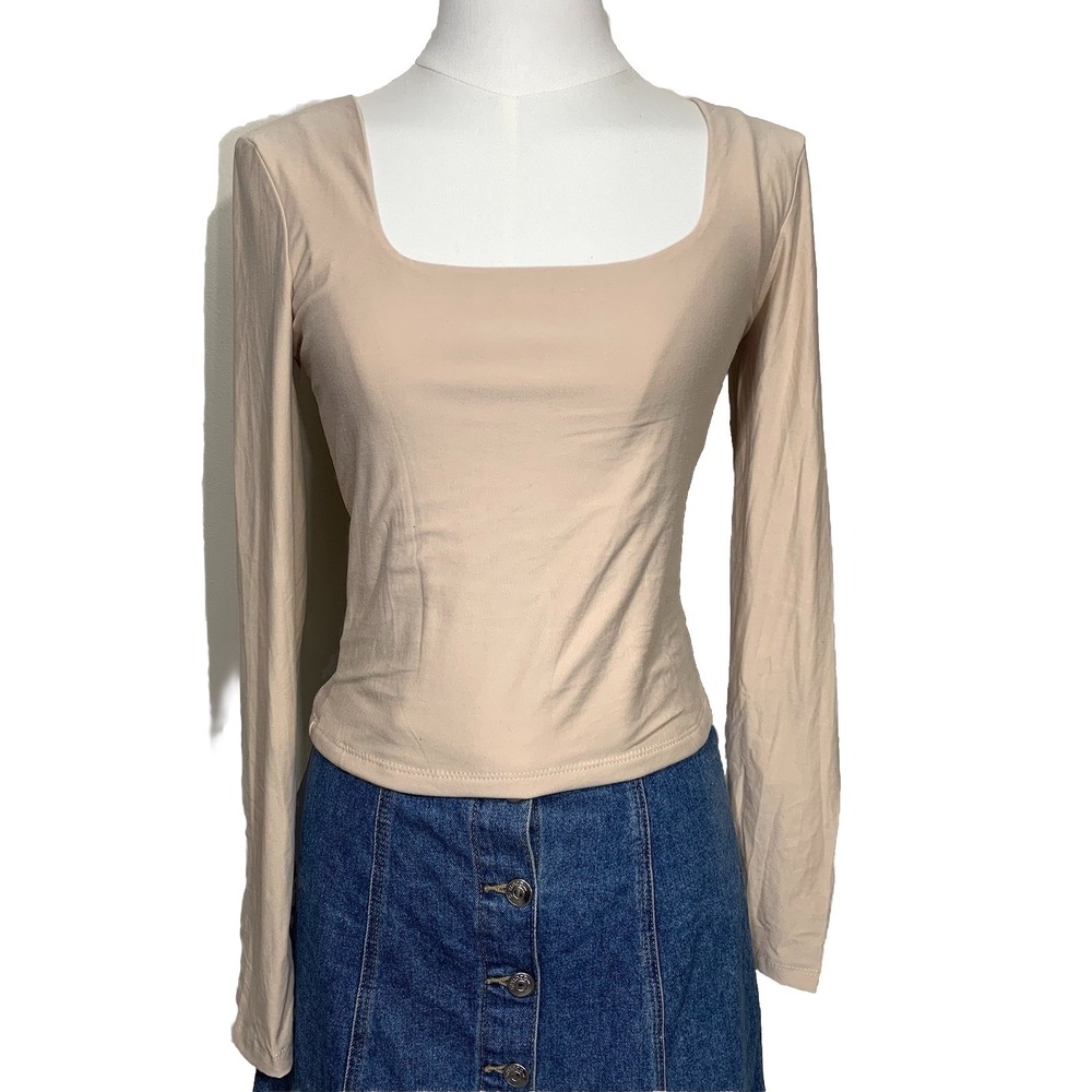 New Pink Rose Square Neck Top Womens Medium Beige Long Sleeve PF4T01677 Slim Fit
